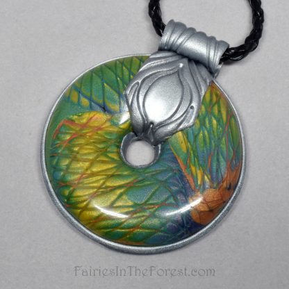 Faux Labradorite and Silver Polymer Clay Pendant Necklace