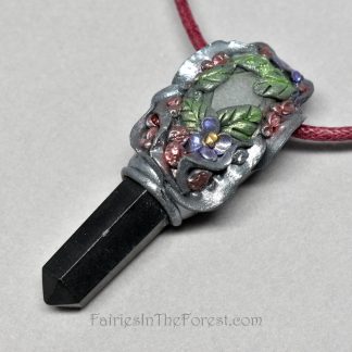 Blackstone, Quartz and Polymer Clay Flowers Pendant Necklace
