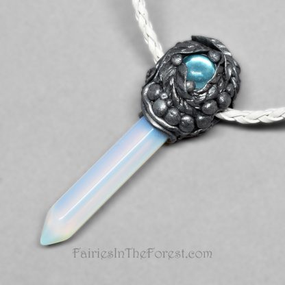 Opalite Crystal Point, Blue Glass and Silver Polymer Clay Pendant Necklace
