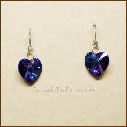 Sterling Silver and Blue and Purple "Heliotrope" Swarovski Crystal Heart Earrings