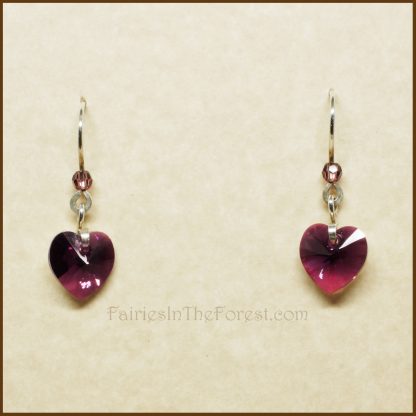 Purple Swarovski Crystal Hearts and Sterling Silver Earrings