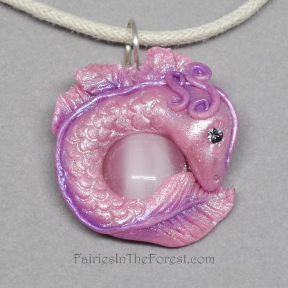 Tiny Pink and Purple Baby Dragon and White Cat's Eye Necklace
