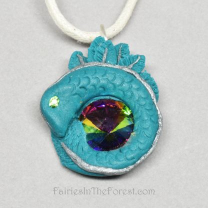 Small Teal Baby Dragon and Crystal Rivoli Necklace