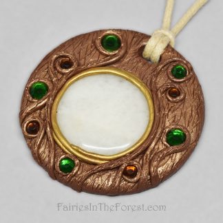 White Quartz with green and brown rhinestones polymer clay necklace.