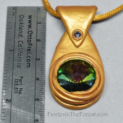 Gold polymer clay and rainbow crystal rivoli pendant.