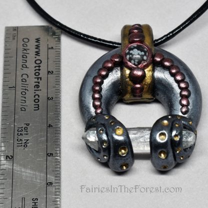 Snowflake Obsidian and Quartz crystal point polymer clay pendant.