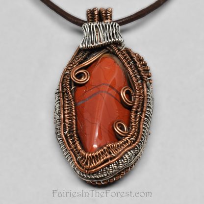 Brecciated Jasper, copper and sterling silver heady wire wrap pendant.