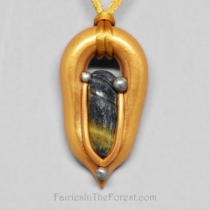 Gold and silver polymer clay pendant with blue Tigereye.