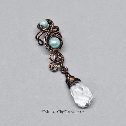 Copper And Green Glass Pearl Ear Cuff with Clear Glass Teardrop - Left Ear