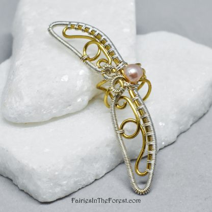 Silver and Gold Butterfly Wing Ear Cuff with Pink Freshwater Pearl