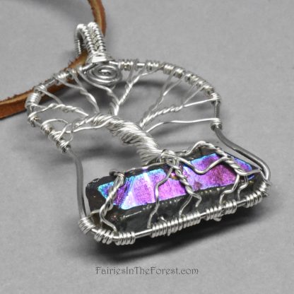 Silver Tree of Life Pendant with Rainbow Titanium Quartz Crystal Point