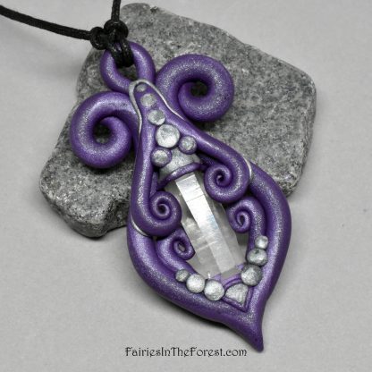 Purple Polymer Clay and Quartz Crystal Point Necklace