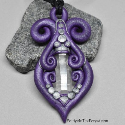 Purple Polymer Clay and Quartz Crystal Point Necklace