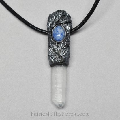 Polymer Clay Feathers, Sodalite and Quartz Crystal Point Pendant Necklace