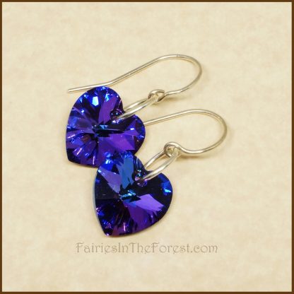 Sterling Silver and Blue and Purple "Heliotrope" Swarovski Crystal Heart Earrings