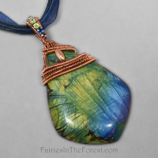 Copper Wire Wrapped Polymer Clay Faux Labradorite Necklace