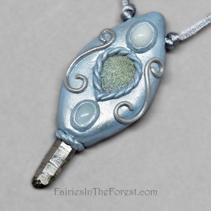 Blue polymer clay and Quartz crystal point necklace with white quartz and rainbow druzy.