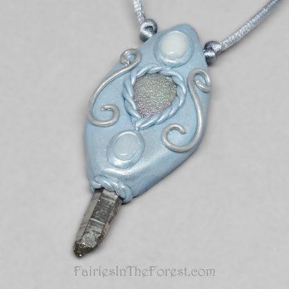 Blue polymer clay and Quartz crystal point necklace with white quartz and rainbow druzy.