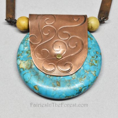 Copper and brass heart, Mosaic Turquoise donut pendant, on a handmade copper and Aragonite chain.