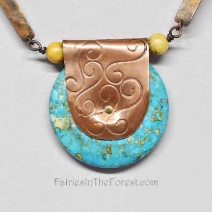 Copper and brass heart, Mosaic Turquoise donut pendant, on a handmade copper and Aragonite chain.