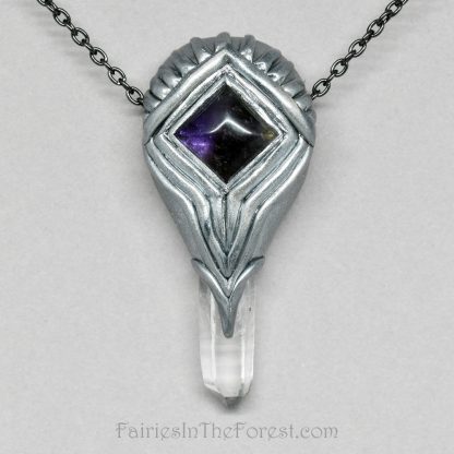 Amethyst and Quartz crystal point polymer clay necklace.