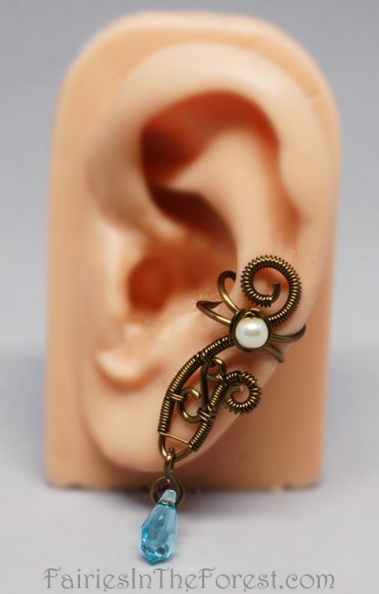 Vintage brass and blue Swarovski crystal fairy style handmade ear cuff.