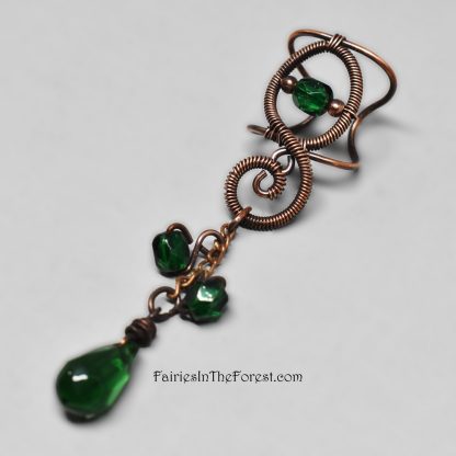 Copper Ear Cuff with Green Glass Charms - Right Ear