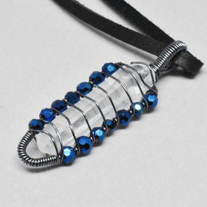 Black Wire Wrapped Quartz Crystal Point Necklace with Blue Glass Beads